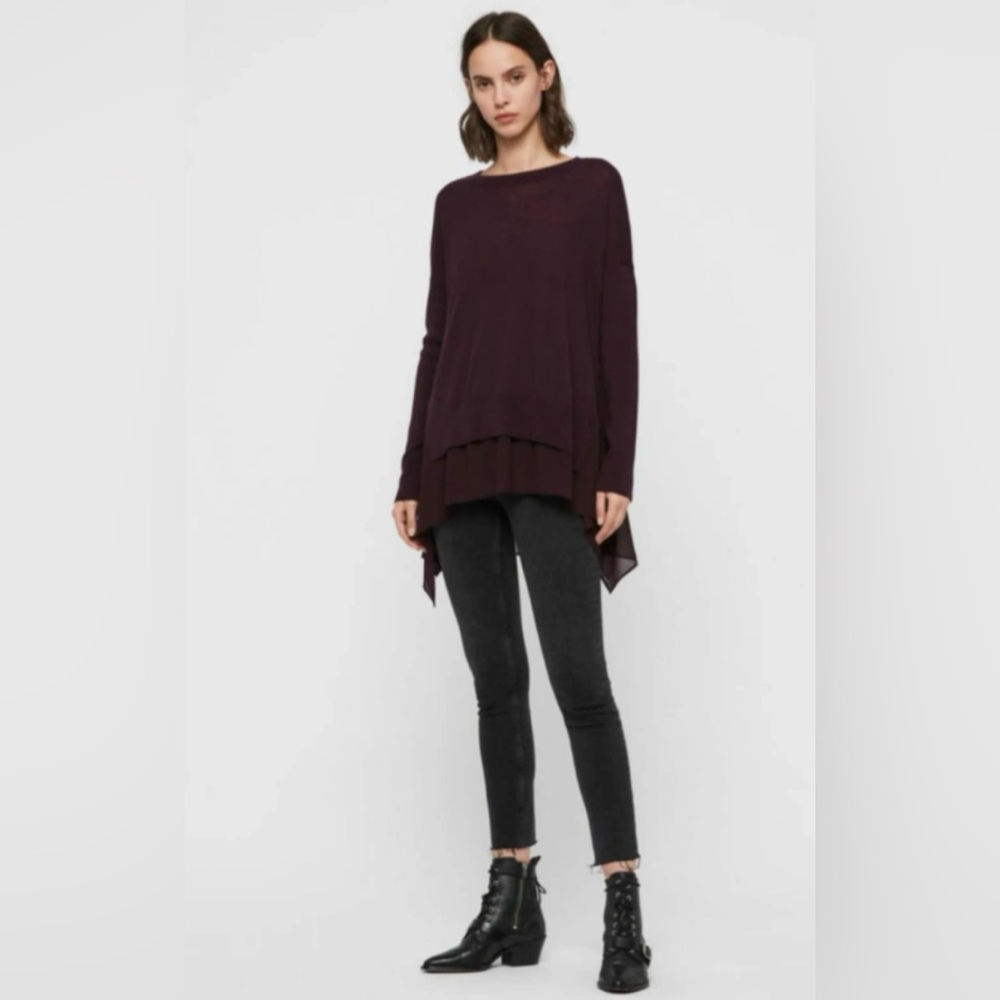 All Saints Libby Crew Neck Chiffon Trim Purple Port Merino Wool Sweater S New!